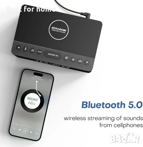 ANJANK Дървен Bluetooth високоговорител с будилник и FM радио, безжична станция за зареждане , снимка 4 - Безжични зарядни - 55874482