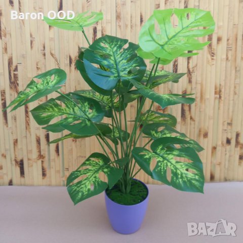 Декоративно изкуствено растение Монстера в саксия, снимка 2 - Изкуствени цветя - 42891304