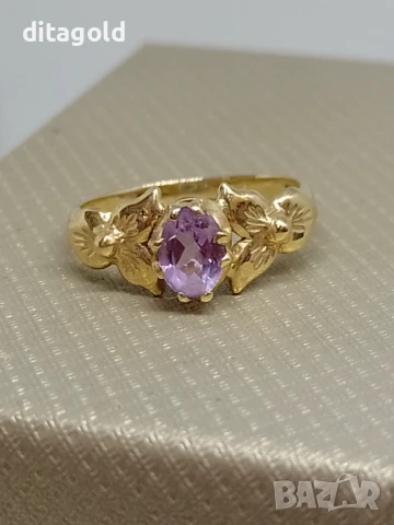 Нов 14К златен пръстен с естествен аметист, 3.6 гр цена 520 лв, снимка 1