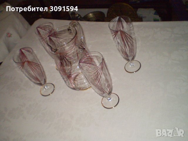  Винтидж Германия ,Комплект кана и 4 чаши за вино рисуваниано стъкло , снимка 18 - Други ценни предмети - 44422620