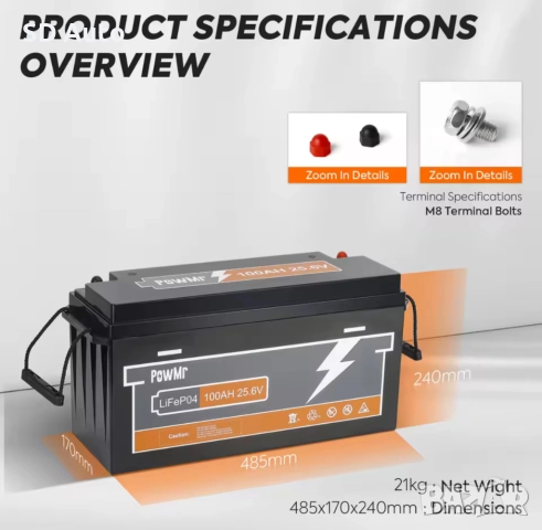 Батерия Pow Mr LifePo4 25,6V / 100A, снимка 8 - Друга електроника - 52190435