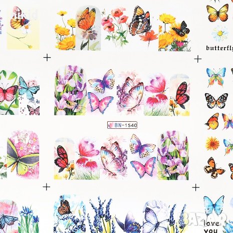 лист 12 в 1 различни Пеперуди слайдер татос ваденки водни стикери за нокти маникюр, снимка 3 - Продукти за маникюр - 29277210