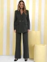 Дамски Черен Костюм в Райе с Широки Крачоли, снимка 1