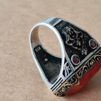 мъжки сребърен пръстен с червен камък, снимка 5 - Пръстени - 35124628