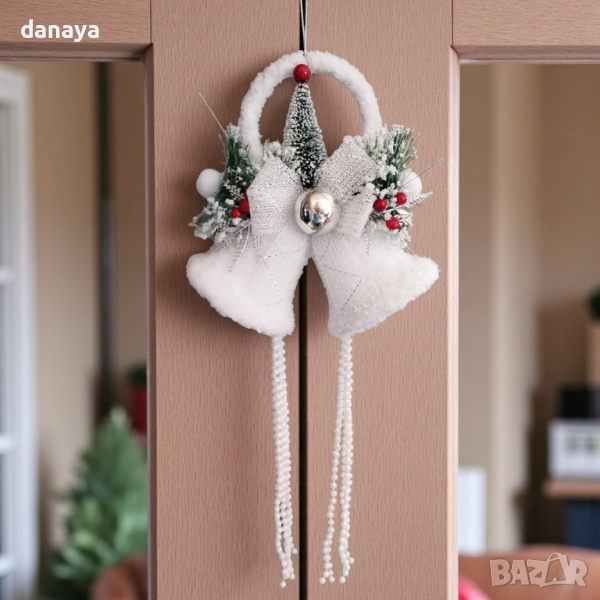 6248 Луксозни коледни камбанки с панделка, червени плодчета и перлени ресни, 50 см, снимка 1