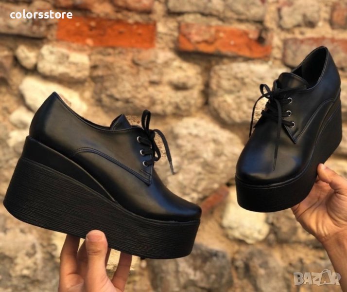 Обувки на платформа - черна кожа - 120K, снимка 1