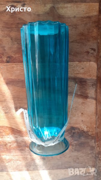 ваза стъклена синя дизайнерска качествена висока 30 см, снимка 1