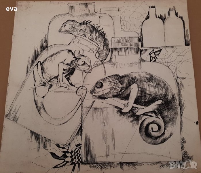 Картина Ина Тъмнева Хамелеони гущери рисунка туш 1983г., снимка 1