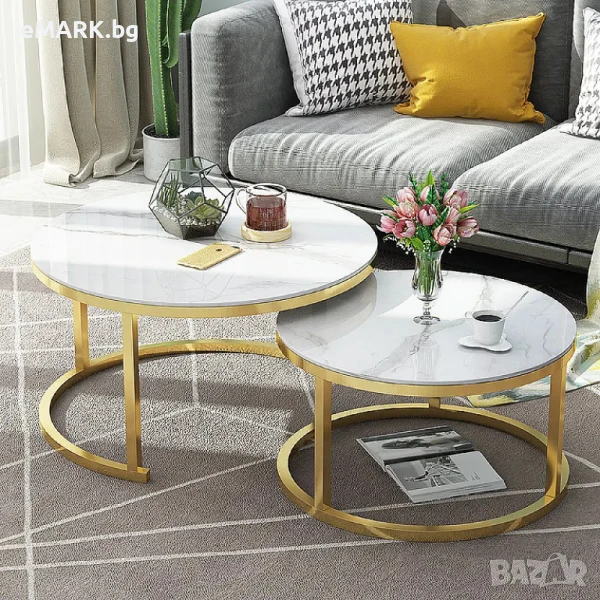 Комплект от 2 броя кръгли маси с мраморен дизайн за различни мероприятия - за кафе, лаптоп, книги, н, снимка 1