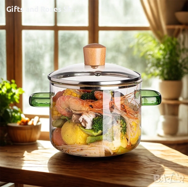 Стъклена тенджера 1,8 л със зелени дръжки, снимка 1