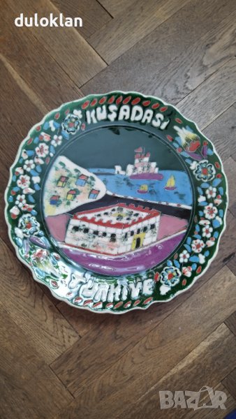 Голяма декоративна чиния,ръчна изработка със  забележителности на Кушадасъ Турция, снимка 1