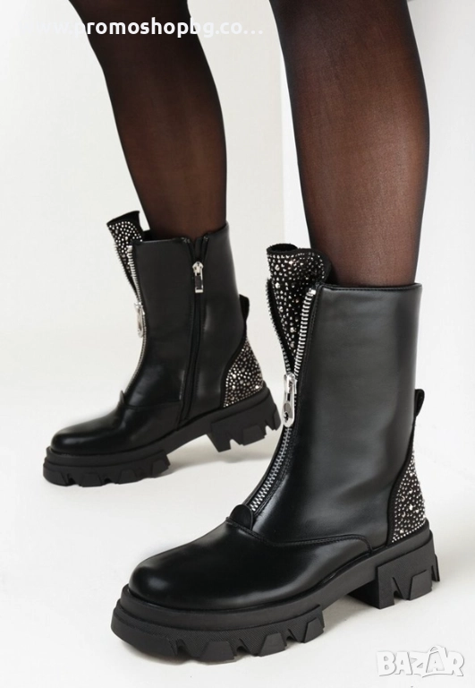 Дамски боти до глезена, еко кожа, Черен, снимка 1