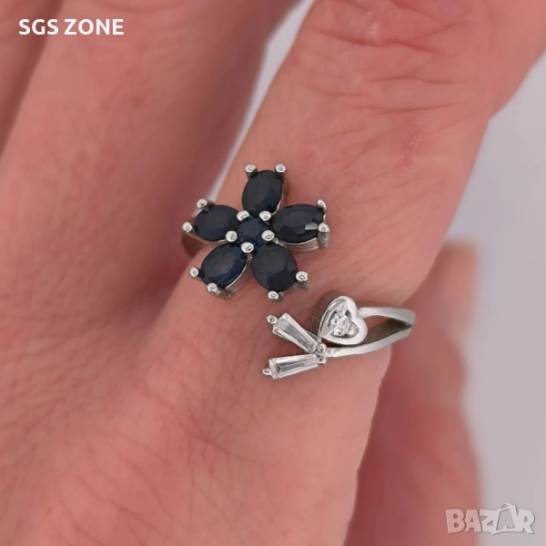 Сребърен пръстен с естествен син сапфир, многоцветен изумруд, снимка 1