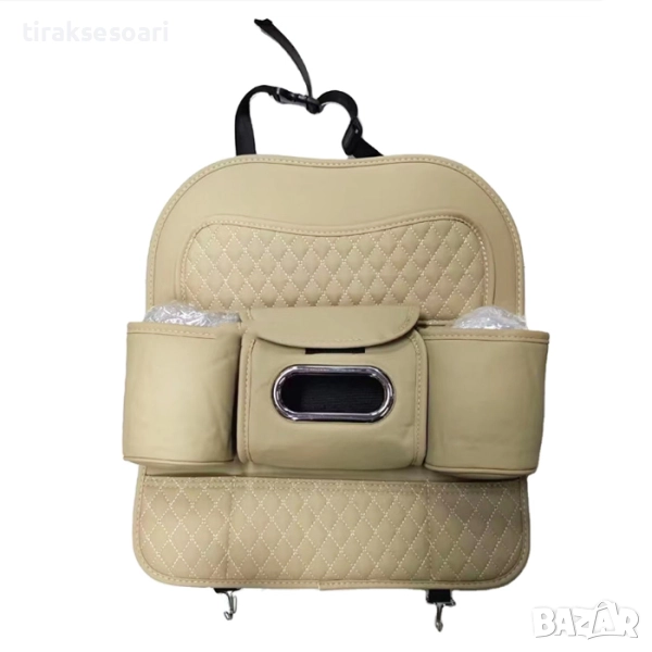 Органайзер за седалка – бежов кожен универсален авто органайзер с 7 отделения, снимка 1