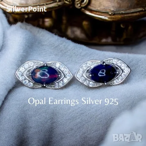 Сребърни обеци с натурални черни Опали, снимка 1