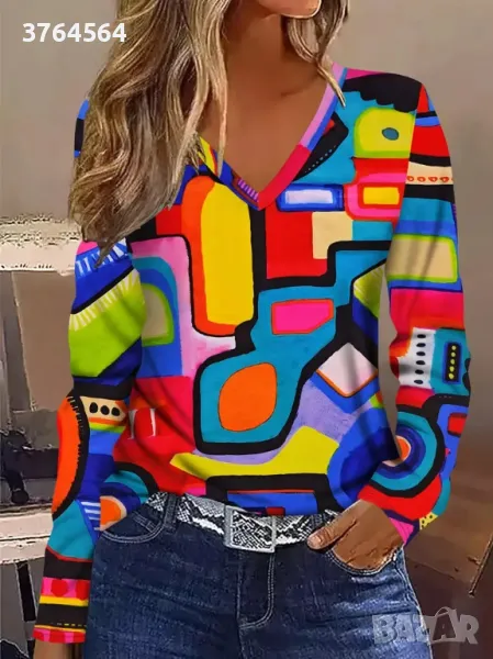 Дамска блуза с V-образно деколте и дълги ръкави - размер L, снимка 1