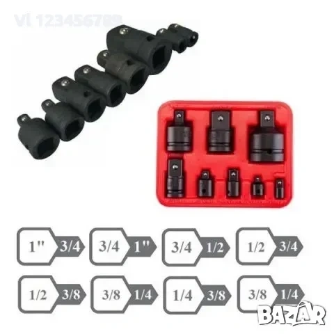 Преходници, адаптори , 1'', 1/ 2 '', 3/ 8 '', 1/ 4 '', усилени ударни комплект, 8 бр, черен, снимка 2 - Гедорета - 54003390