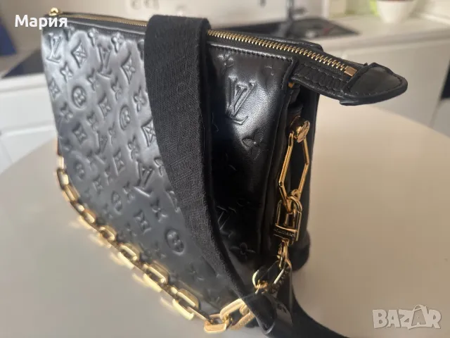 Дизайнерска черна чанта LV от естествена кожа с две дръжки и монограм. , снимка 5 - Чанти - 49726966