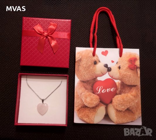 Колие Сърце + Кутийка + Торбичка Подарък за жена за 8 март розов кварц посребрено