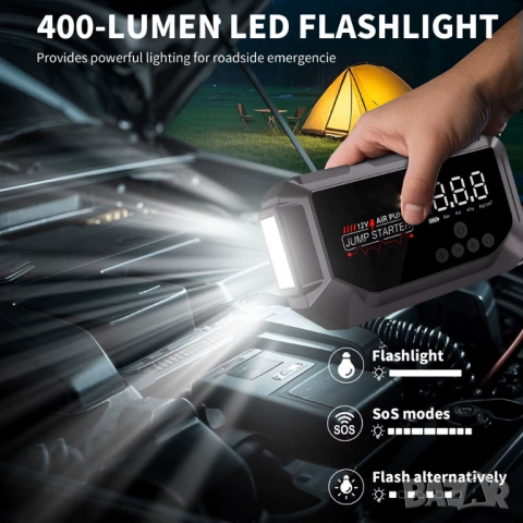 Комбиниран Jump Starter (бичѐ), 12000 mAh, Power Bank, 150 PSI компресор и LED фенер , снимка 8 - Аксесоари и консумативи - 53179776