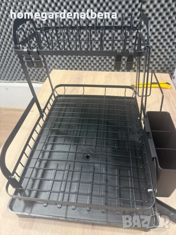 Сушилник за съдове XXL двупластов с оттичане черен стомана пластмаса 42x30x32 см, снимка 7 - Сушилни - 54166282