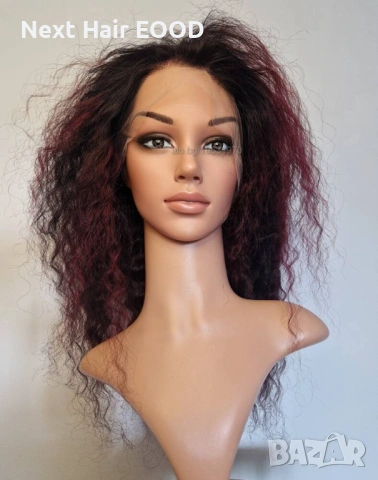 Естествена афро перука къдрава черна с тъмно червени бородо кичури с дантела 13х4, снимка 6 - Аксесоари за коса - 53294608