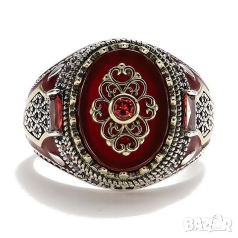 Пръстен с ахат и рубини, позлатен, снимка 3 - Пръстени - 42651235