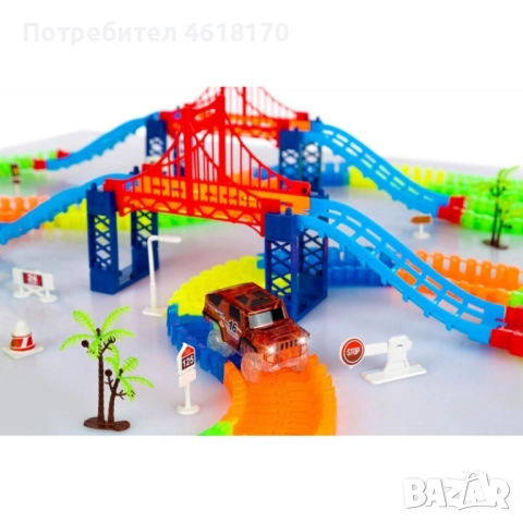 Magic Tracks светеща писта от 360 части, 2 броя колички с лед светлини, мост и пътни знаци, снимка 2 - Коли, камиони, мотори, писти - 52385907