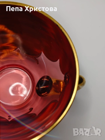 Чаша за чай от бохемски розов кристал с пищна позлата и флорални мотиви. , снимка 5 - Чаши - 51863034