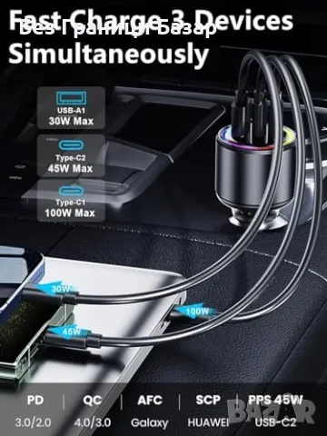Ново USB C зарядно за кола 175W PD 100W бързо зареждане за iPhone и лаптопи, снимка 4 - Друга електроника - 48003661