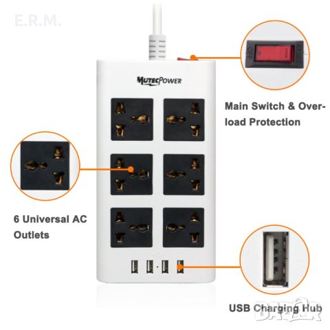 6 лентов универсален разклонител MutecPower с 4xUSB английски контакт световен разклонител, снимка 3 - Друга електроника - 42236877