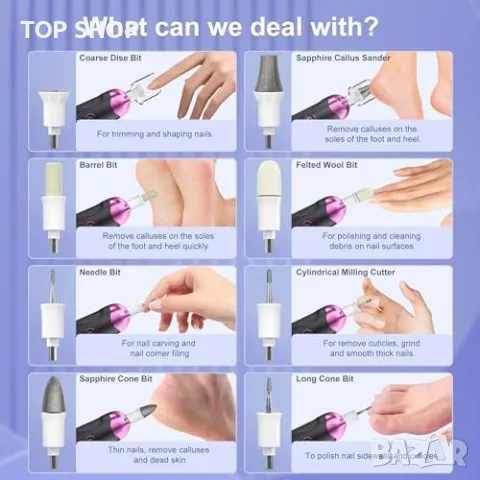 Нов Eletorot Педикюрен Сет за Дебели Нокти - 3 ч. Работа, 8 Приставки, снимка 4 - Тримери - 49956940