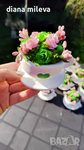 Сладурски чашки с нежни цветлета в зелено и розово!!, снимка 12 - Декорация за дома - 52069049