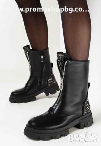 Дамски боти до глезена, еко кожа, Черен