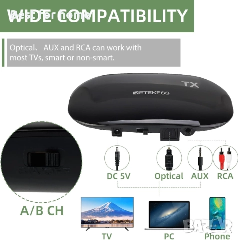 2-канални безжични телевизионни слушалки  с предавател Retekess TA005, снимка 6 - Слушалки и портативни колонки - 51808971