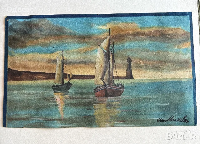 Стар морски пейзаж на Худ.Атанас Михов,акварел, снимка 2 - Антикварни и старинни предмети - 55960399