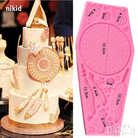 Огромен капан за сънища пера перо силиконов молд дантела форма декор торта фондан украса, снимка 2 - Форми - 21366001