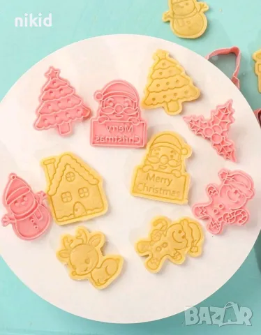 8 бр Коледни Дядо Коледа елен имел човече пластмасови разглобяеми резци форми фондан тесто бисквитки, снимка 4 - Форми - 48171436