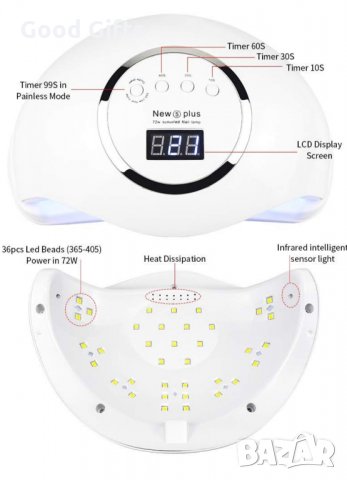 НОВ МОДЕЛ Комбинирана UV LED лампа за маникюр 72W New 5 Plus SUN, снимка 5 - Педикюр и маникюр - 29524557