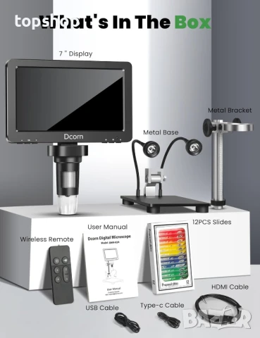 НОВ, Перфектен Dcorn HDMI цифров микроскоп 7 инча 1500X, 16MP 1080P LCD с IPS, TF карта 32GB..., снимка 5 - Друга електроника - 50741445