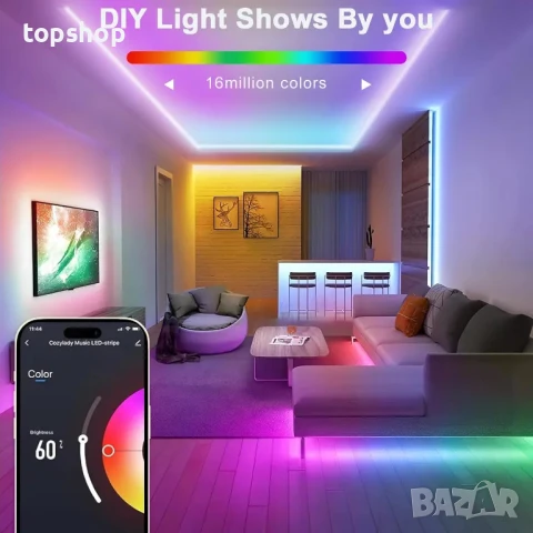 Нова LED лента Lamomo RGB 5 м, неонова LED лента с управление чрез приложение, 12 V водоустойчива..., снимка 6 - Лампи за стена - 50503784