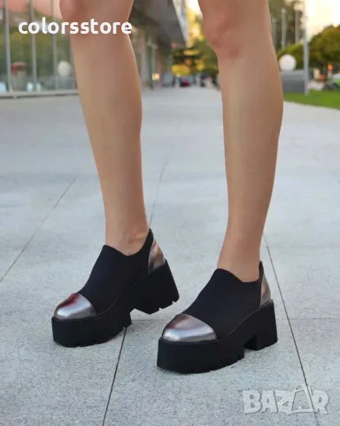 Обувки на платформа - черен неопрен и бронз - NPR22