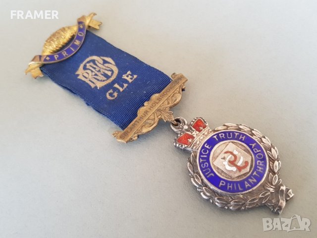 Сребърен 1920 емайл Медал Орден Масонски Англия Бирмингам, снимка 2 - Антикварни и старинни предмети - 42484556