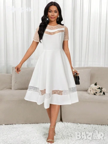 Бяла рокля, Нежна бял рокля, Миди бяла рокля, Елегантна бяла рокля, Бяла рокля с къс ръкав, снимка 2 - Рокли - 51088540