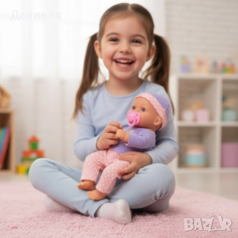 Легнало бебе с биберон и 10 звука – нежна коледна играчка за грижа и обич Babylove