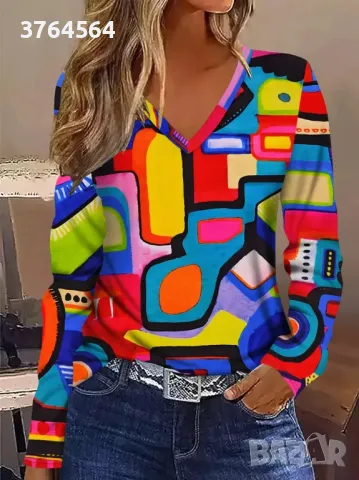 Дамска блуза с V-образно деколте и дълги ръкави - размер L