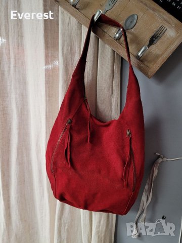 LA REDOUTE  естествен велур червена чанта,тип торба, made in INDIA 