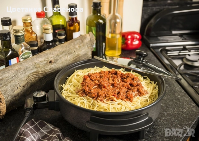 Електрически тиган Bestron AHP1200 със стъклен капак, незалепващо покритие, диаметър 28,5 см, снимка 2 - Котлони - 52443549