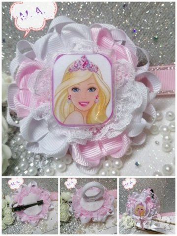 Празничен комплект с Барби в нежно розово - бяло! Ластик, шнола, диадема Налично. , снимка 2 - Шноли, диадеми, ленти - 31793783