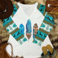 Дамска ежедневна етническа ацтекска блуза с V-образно деколте и дълъг ръкав - 023, снимка 3 - Блузи с дълъг ръкав и пуловери - 39317908